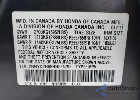 2011 Acura Mdx Technology Package from USA, damaged, VIN 2HNYD2H68BH524792